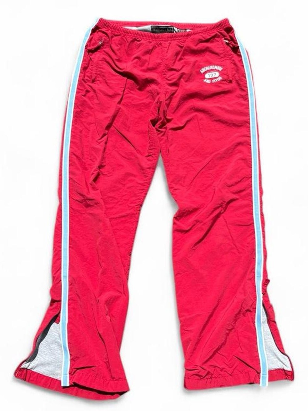 Y2K Abercrombie & Fitch lined red track pants with blue & white stripes down the